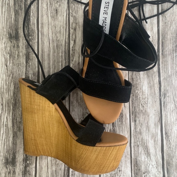 Steve Madden Beachbar Wedge Platform Black Tan 9 Suede wooden heel - Picture 13 of 16